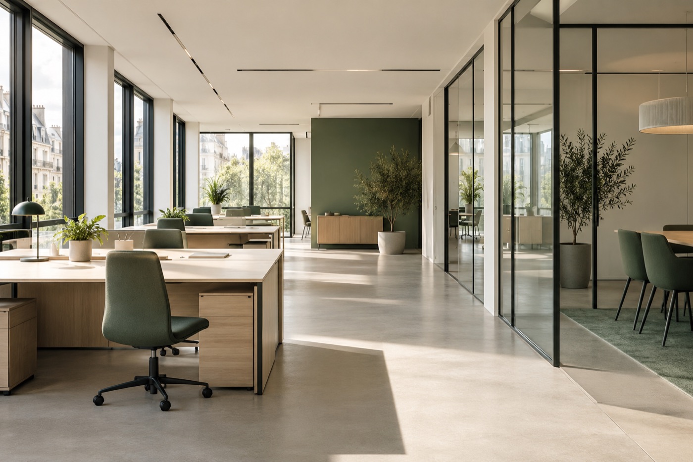 Bureaux lumineux, sols propres et cloisons vitrées — illustration