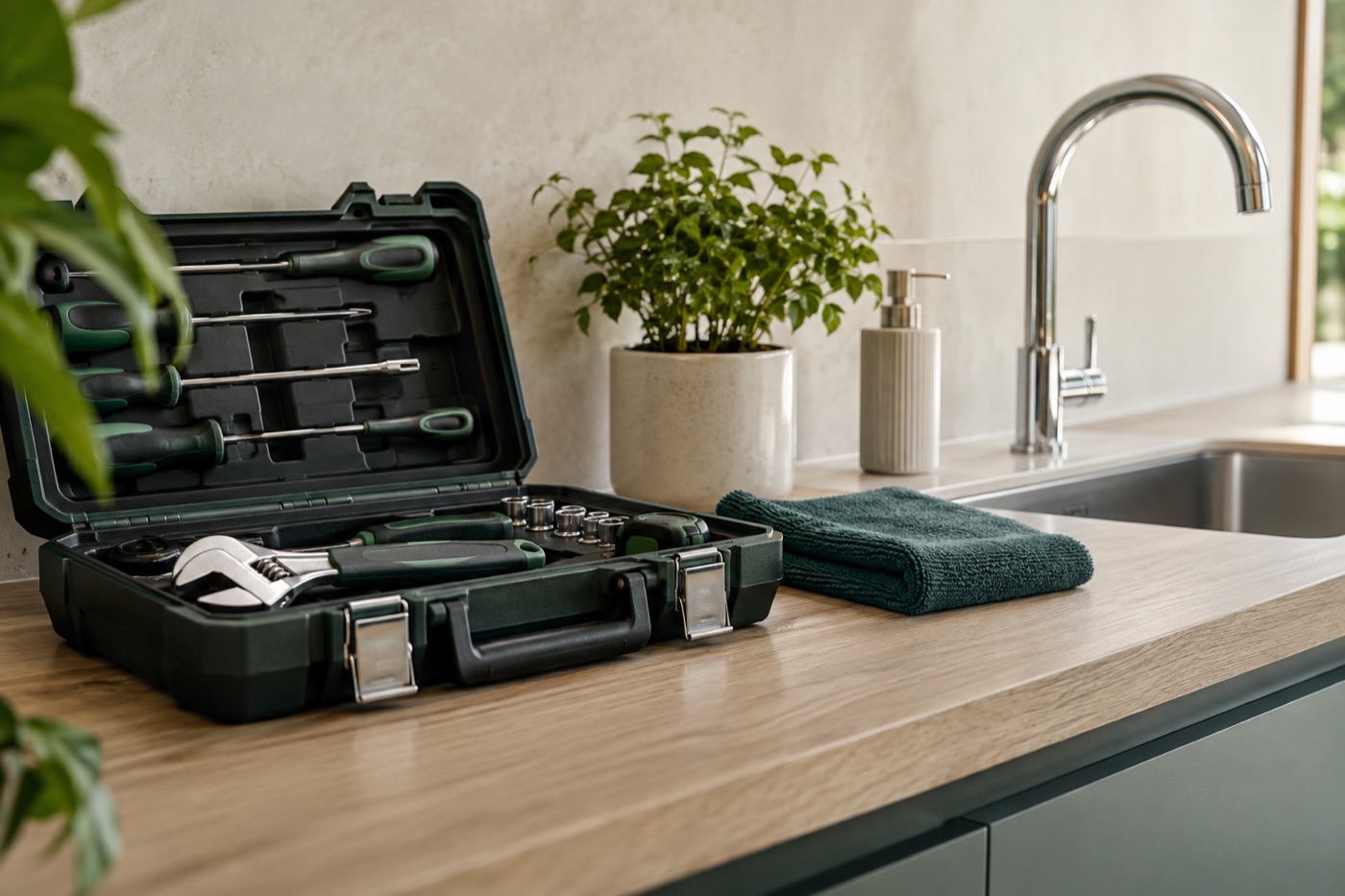 Outils de maintenance soigneusement disposés près d’un point d’eau — illustration